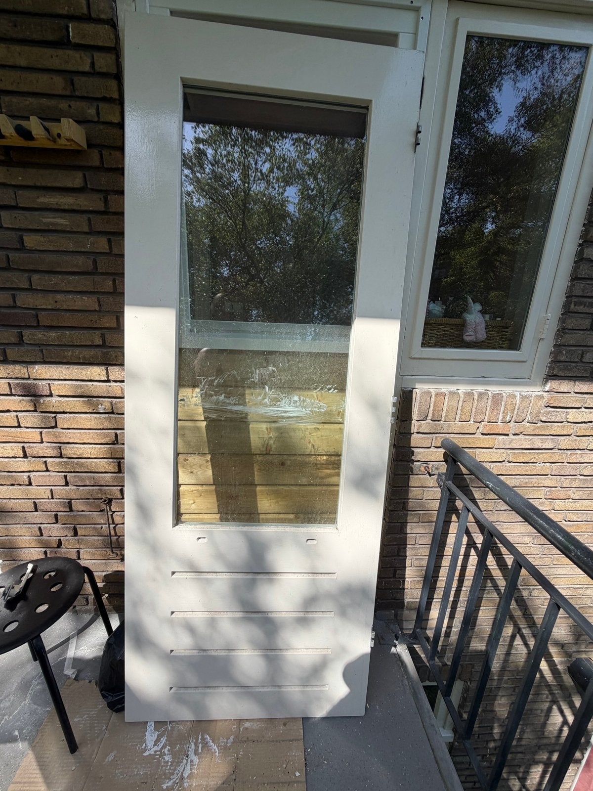 Hardhouten achterdeur met dubbel glas, Doe-het-zelf en Verbouw, Deuren en Horren, Ophalen, Gebruikt, Minder dan 80 cm, Buitendeur