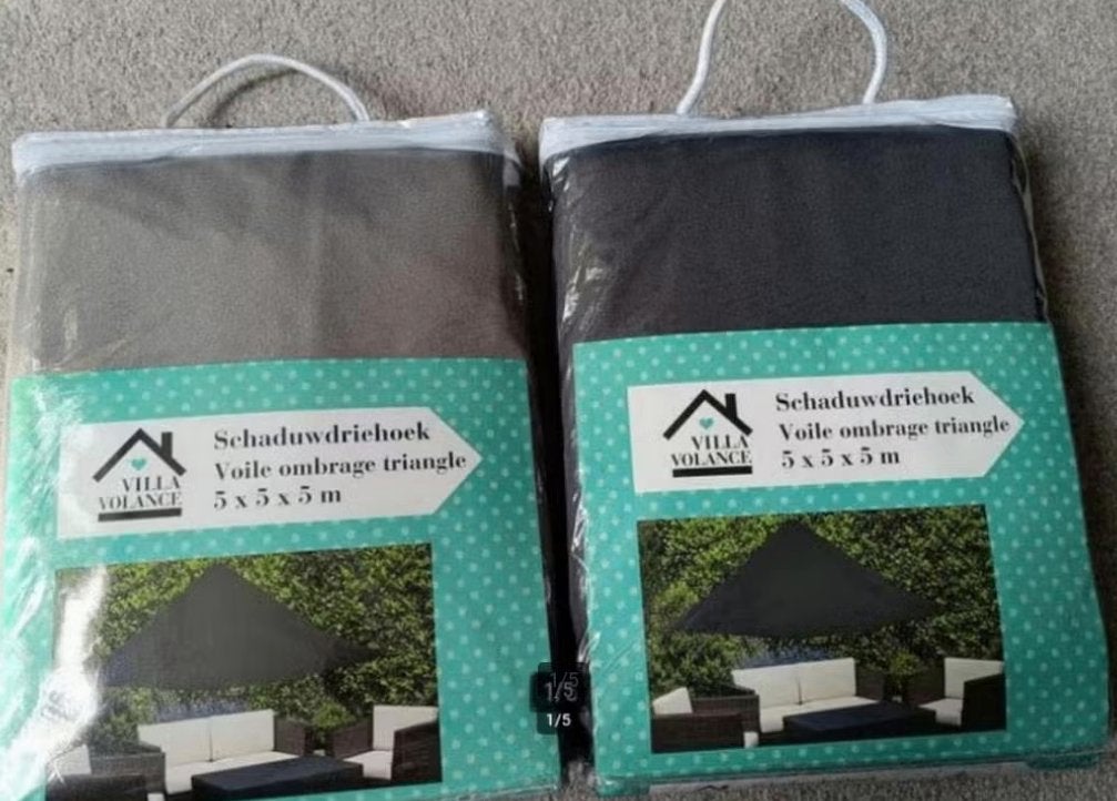 Schaduwdriehoek 5x5x5m nieuw tarp schaduwdoek, Caravans en Kamperen, Kampeeraccessoires, Nieuw, Ophalen of Verzenden