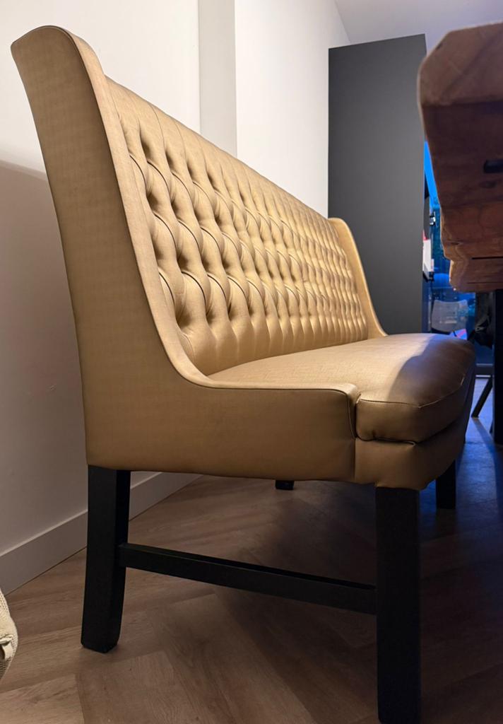 Luxe hotel capitonné eetkamerbank goud/champagne kleur, Ophalen, Minder dan 75 cm, Luxe, Driepersoons