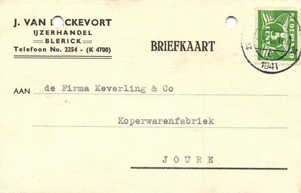 J. van Enckevort, Blerick - 11.1941 - briefkaart, Ophalen of Verzenden, Briefkaart