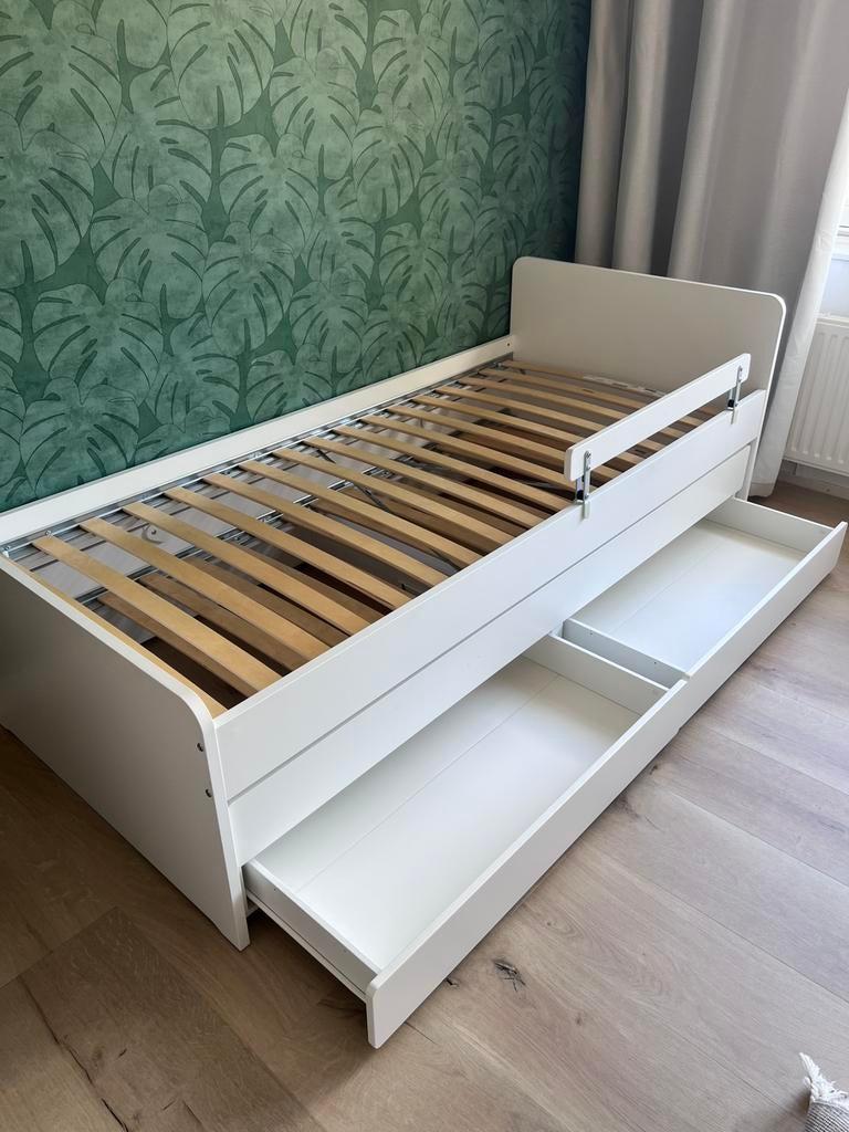 Ikea Släkt uitschuifbed wit 90x200, Ophalen, 85 tot 100 cm, Gebruikt, Lattenbodem