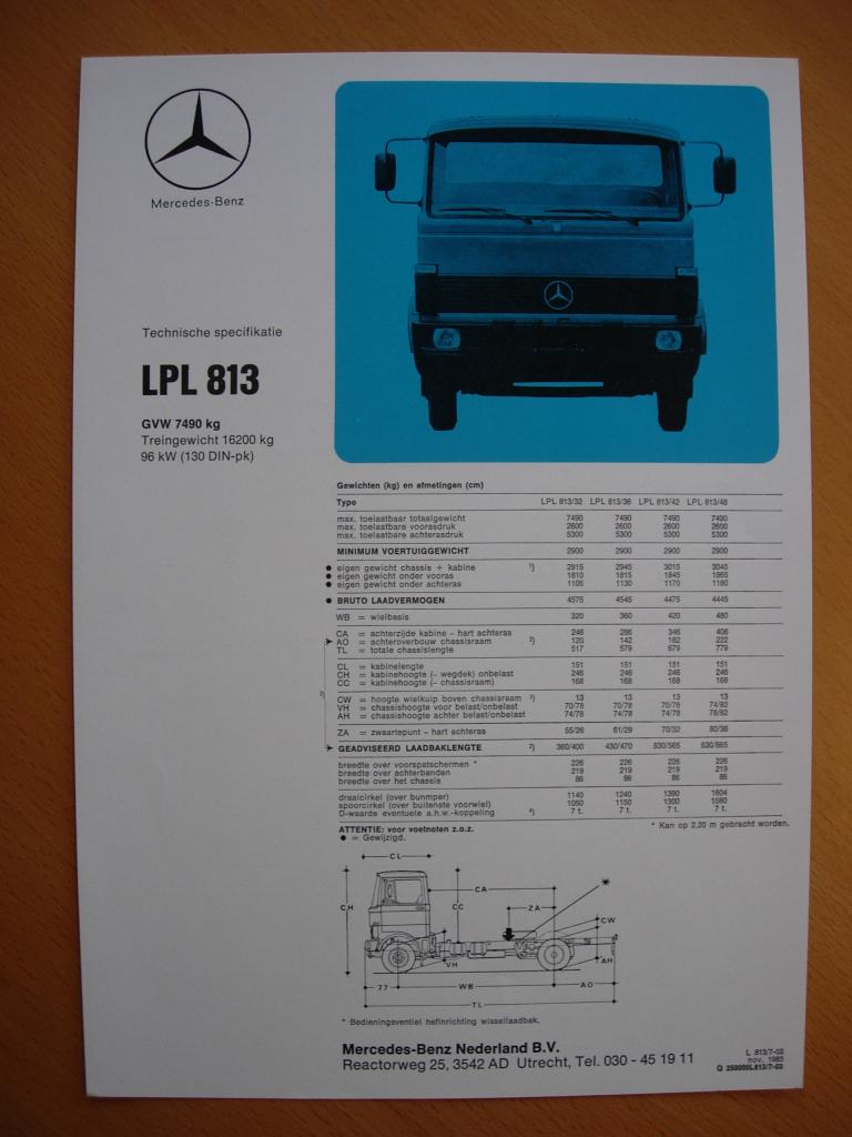 Mercedes LPL 813 Technische Specificatie folder 1983 LPL813, Zo goed als nieuw, Mercedes-Benz, Mercedes, Ophalen of Verzenden