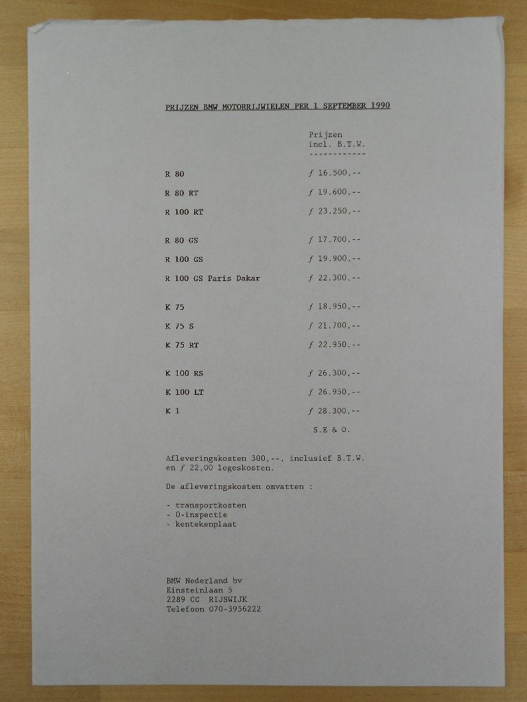 BMW R80 R100 K75 K100 K1 Prijslijst Brochure 1990 Folder, Ophalen of Verzenden, BMW