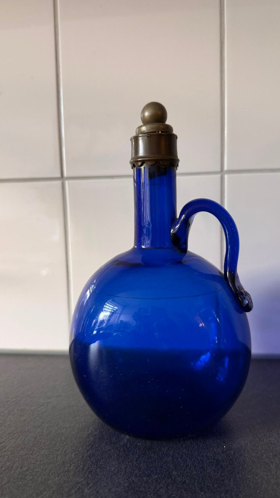 Vintage Blauwe Glazen Karaf met Kurk Dop, Ophalen of Verzenden