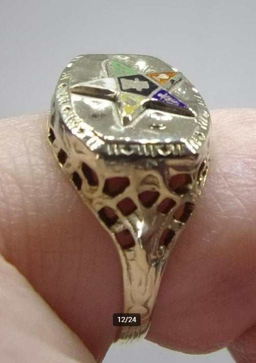 Antieke gouden Vrijmetselaarsring Order of the Eastern Star, Sieraden, Tassen en Uiterlijk, Antieke sieraden, Verzenden, Goud