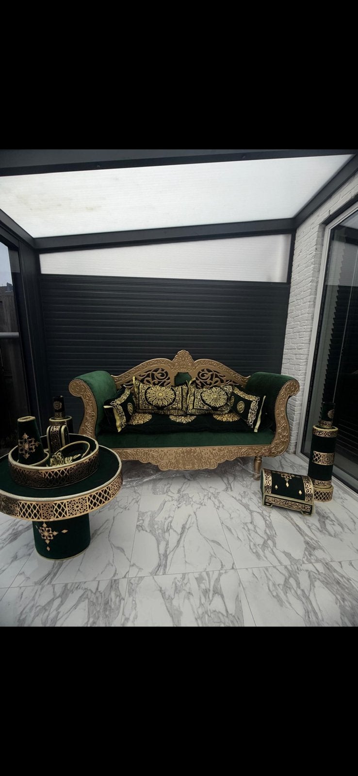 Luxe hennabank met bijpassende setting – groen & goud, Ophalen, 100 tot 125 cm, Stof, Tweepersoons