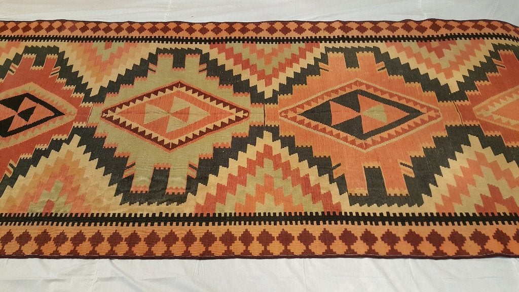 Antiek kazak kelim 404x 135/Perzisch tapijt/Vloerkleed/Loper, 100 tot 150 cm, Blauw, Www.simatapijten.nl, Ophalen of Verzenden