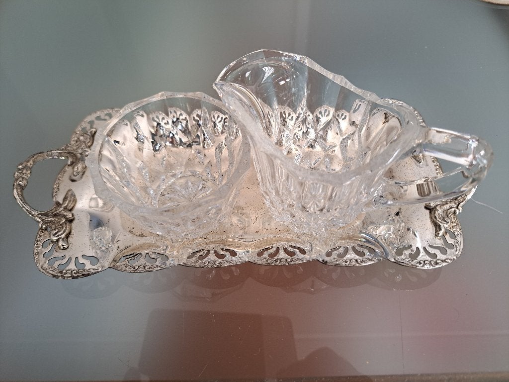 roomstelletje op verzilverd schaaltje, Antiek en Kunst, Ophalen, Zilver