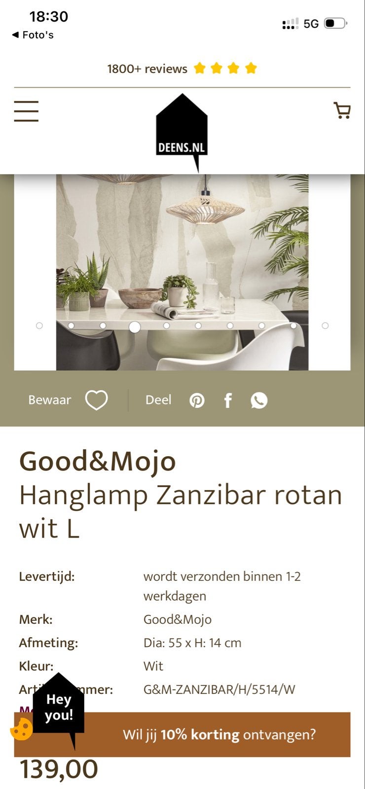 Good&Mojo Zanzibar rotan hanglamp wit L, Ophalen, Zo goed als nieuw, Natuurlijk materiaal