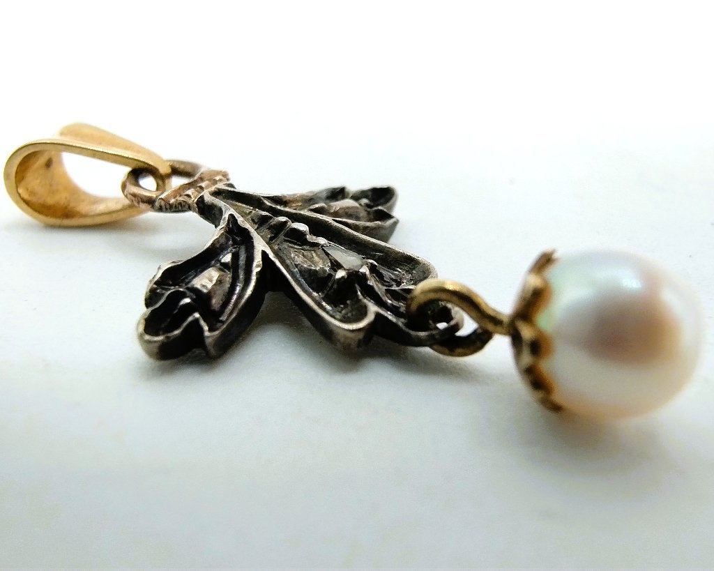 Antieke gouden / zilveren hanger met roosdiamant en parel, Gebruikt, Info@zilverwebsite.nl, Verzenden, Zilverwebsite.nl