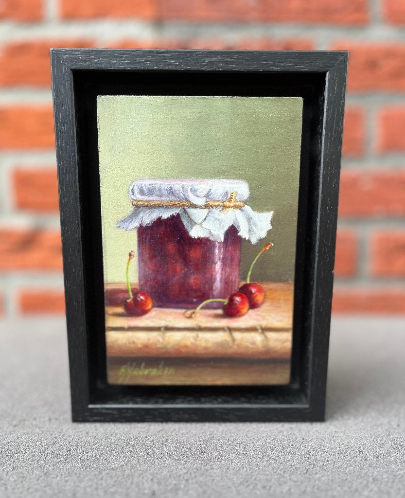 Schilderij kersen in een weckpot op paneel. Hans Habraken., Paneel, Realistisch, Origineel werk, Stilleven