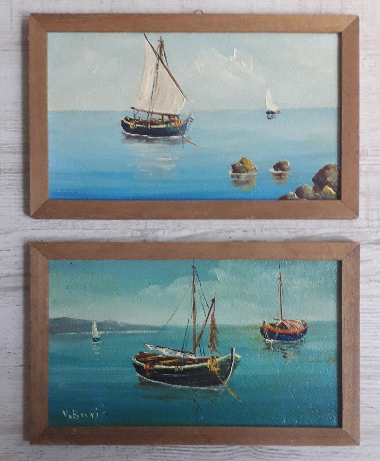 ZEILBOTEN OP ZEE ⛵PENDANT>ZEEGEZICHT ⛵ 2 SCHILDERIJEN, Maritiem / water, Impressionistisch, Olieverf, Ingelijst