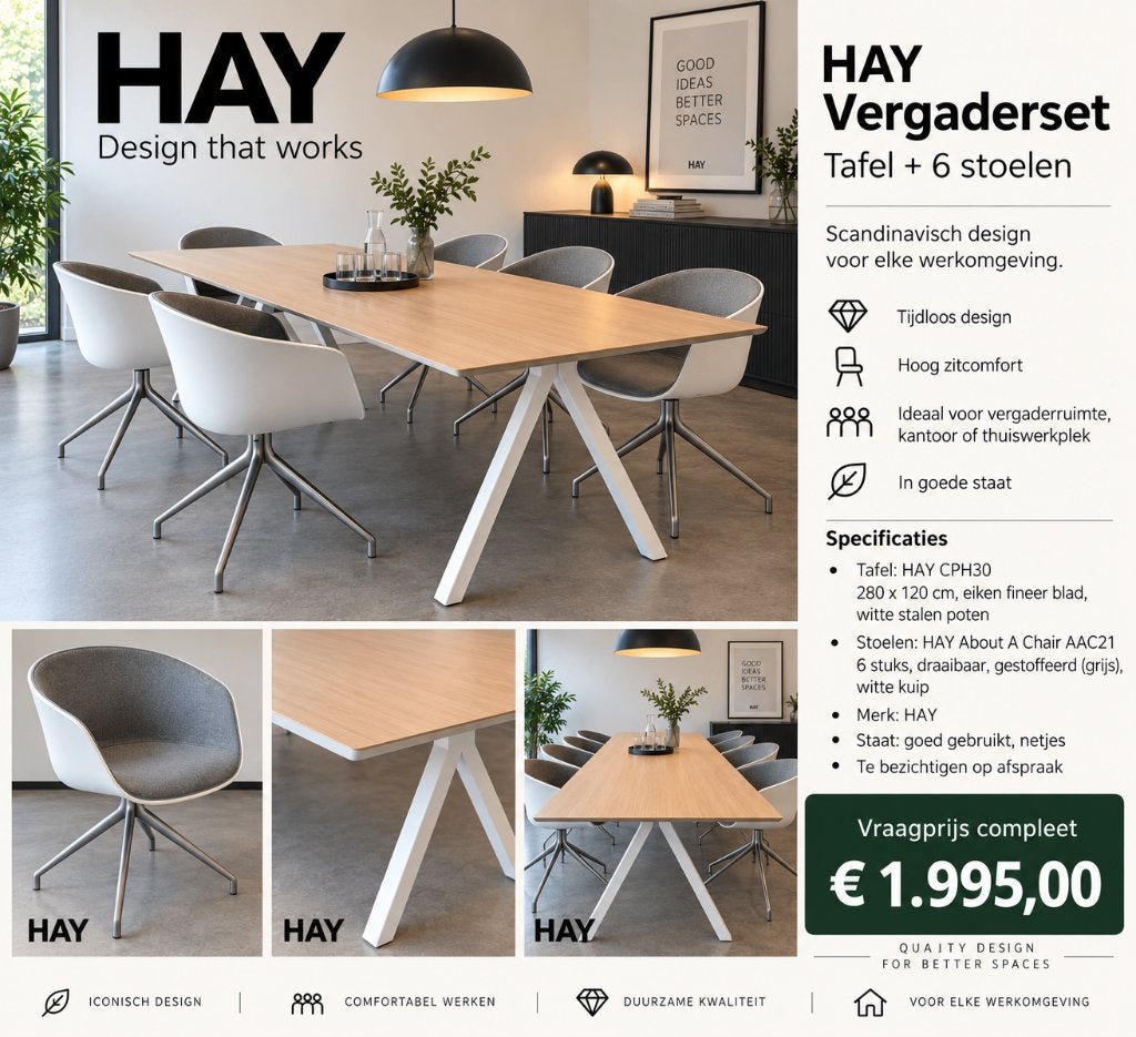 HAY design vergaderset – 6 AAC21 stoelen + tafel 280x120 cm, Ophalen, Zo goed als nieuw, Grijs, Vijf, Zes of meer stoelen