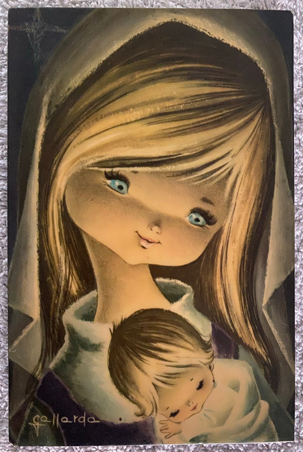 Vintage "Big Eyes" Maria met Jezus - Gallarda illustratie, Antiek en Kunst, Verzenden, Portret of Personen, Overige ondergronden