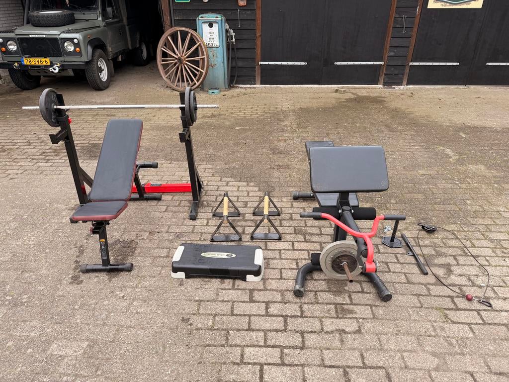 Home gym set: bankje, gewichten, squat rack, pulley, Ophalen, Gebruikt, Benen, Overige typen