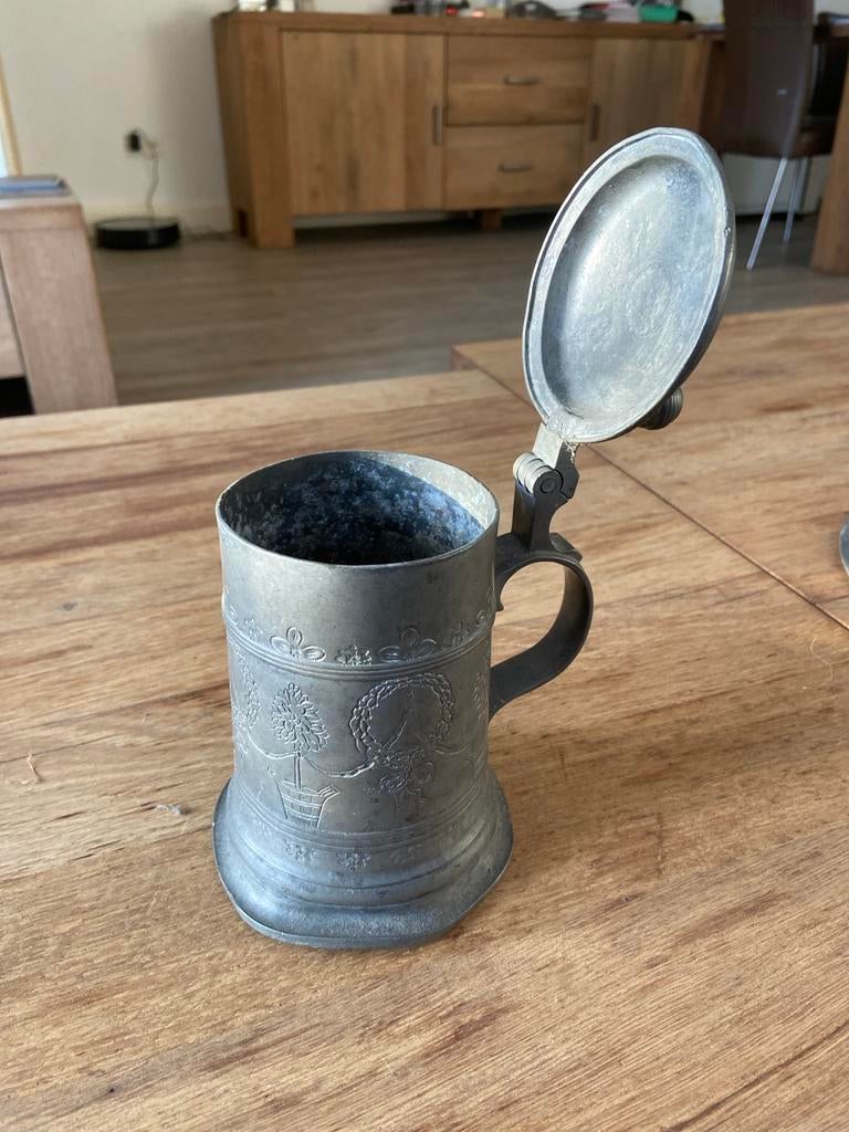 Oude tinnen bierpul met deksel, Ophalen of Verzenden