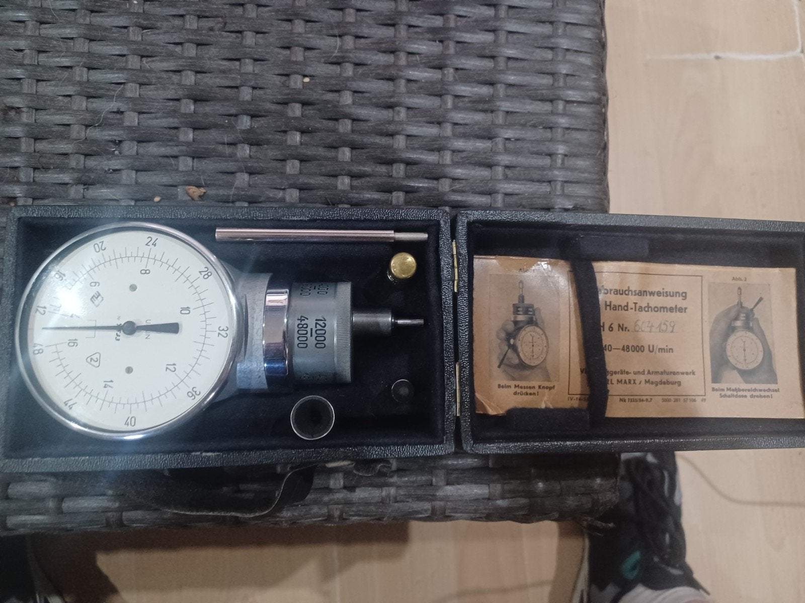 Vintage Hand-Tachometer 40-48000 U/min in doos, Ophalen of Verzenden