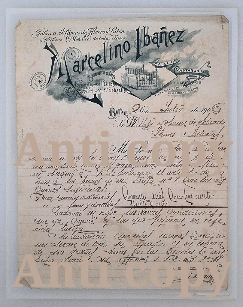 Briefhoofd Marcelino Ibanez. Spanje Bilbao 1906. zeldzaam, Ophalen of Verzenden