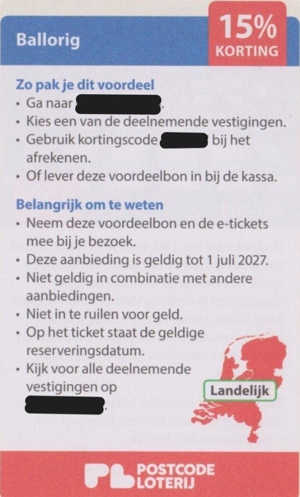 Ballorig. 15% korting. Postcodeloterij voordeelbon., Tickets en Kaartjes, Drie personen of meer, Kortingskaart