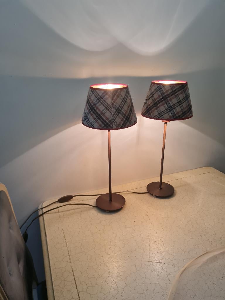 2 tafellampjes met Schotse ruit kapjes p/st 9.95, Heikant 21 Kaatsheuvel, Meerkleurig, Belle Vieille Brocante, Ophalen of Verzenden