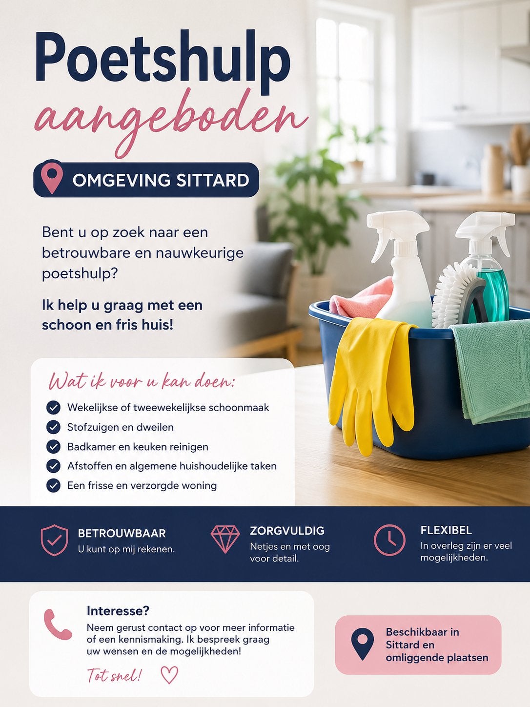 Poetshulp Aangeboden – Omgeving Sittard, Rijbewijs B, Variabele uren, Overige branches, Overige vormen