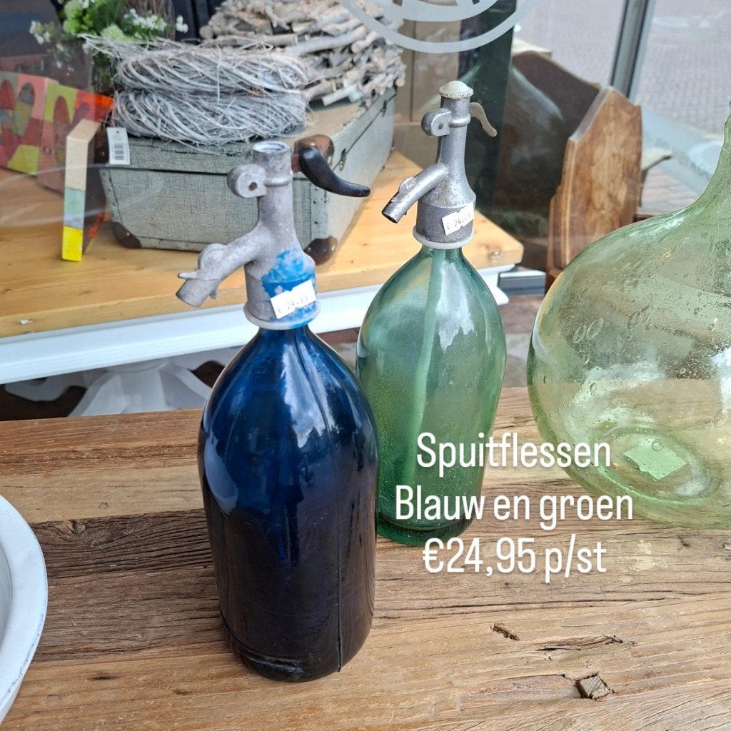 Brocante blauwe en groene spuitfles, Ophalen, Gebruikt, Glas, Brocante