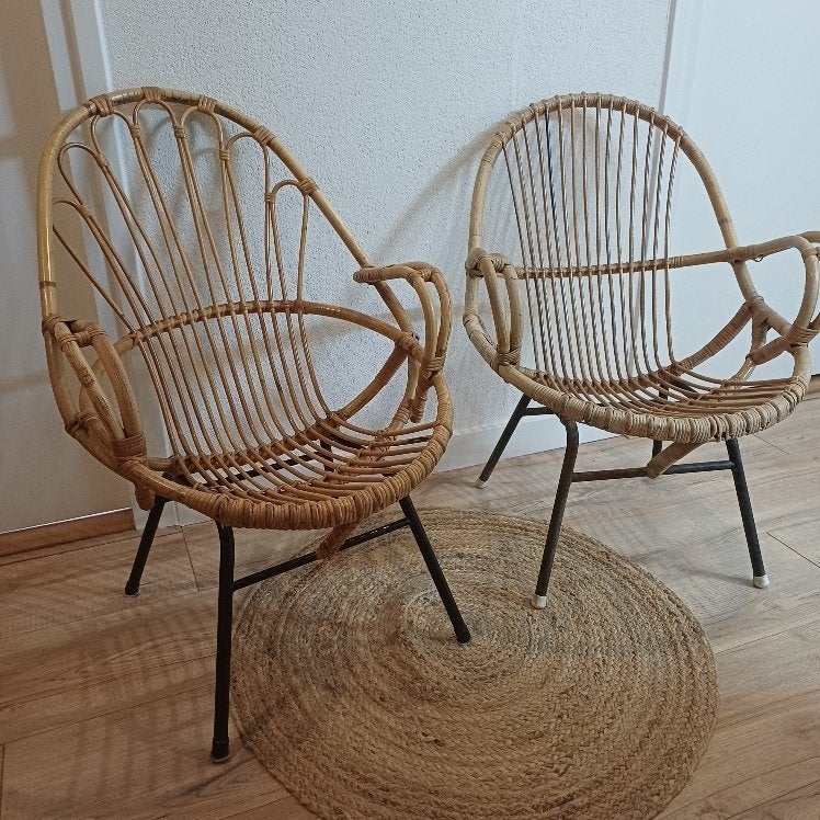 1 of 2 vintage loungestoelen van Rohé Noordwolde van rotan, Huis en Inrichting, Ophalen, Gebruikt, Twee, Overige kleuren