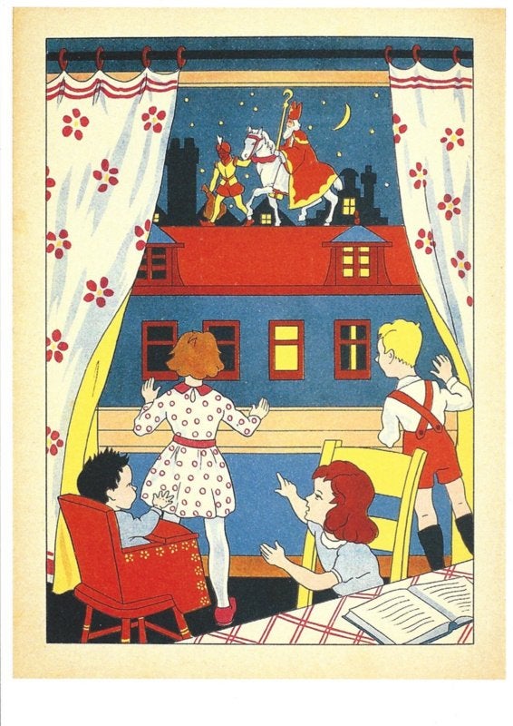 Kinderen kijken naar Sint op het dak prentbriefkaart [C8231], Ophalen of Verzenden, 1980 tot heden, Kinderen