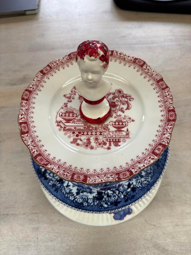 Unieke handgemaakte etagère – vintage servies – 35 cm hoog, Ophalen of Verzenden, Gebruikt