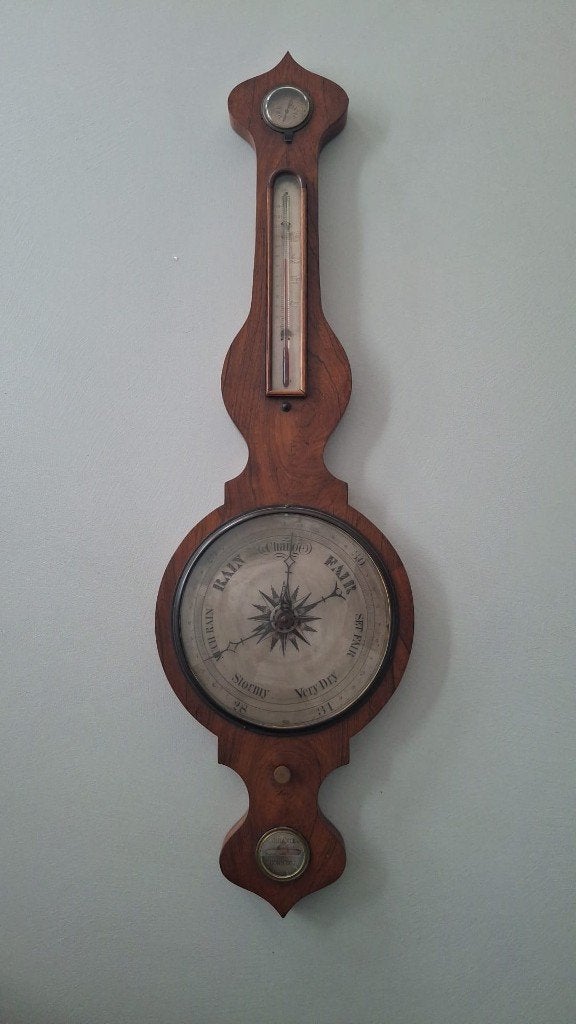 Antieke Engelse houten barometer (medio 1880 - 1920), Ophalen, Gebruikt, Weerstation