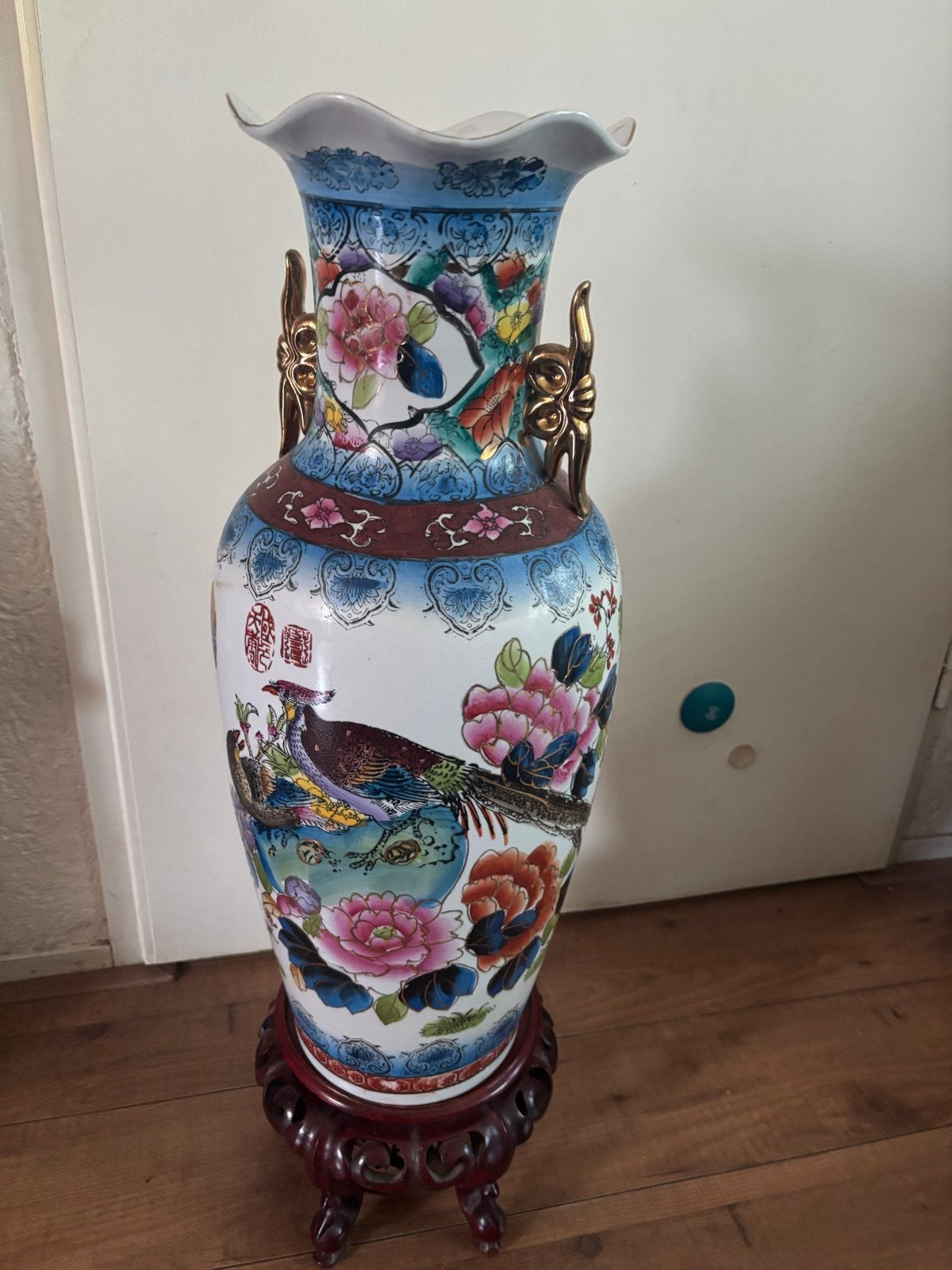 Grote Chinese vaas met vogel- en bloemmotieven, Antiek en Kunst, Ophalen