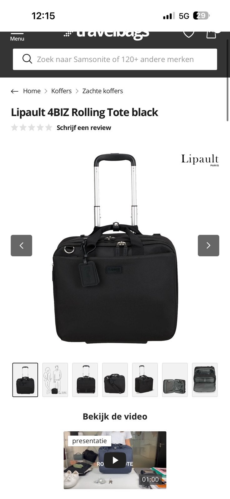 Lipault 4BIZ Rolling Tote zwart – 26L - laptoptas, Computers en Software, Laptoptassen, Gebruikt, 15 inch, Trolleytas, Ophalen of Verzenden