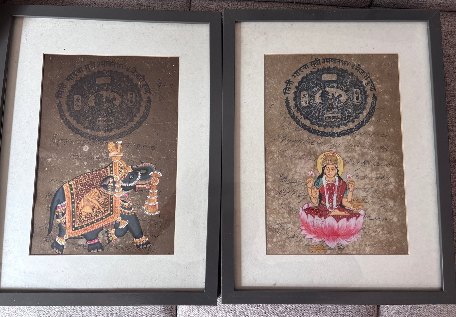 Set van 2 Indiase miniaturen: Olifant en Godin Lakshmi, Antiek en Kunst, Schilderij, India, Ophalen of Verzenden, Papier/karton