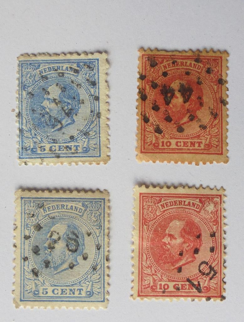 4x Willem III ( 5 en 10 cent) met puntstempels 44-26-51-76?, Ophalen of Verzenden, T/m 1940, Gestempeld