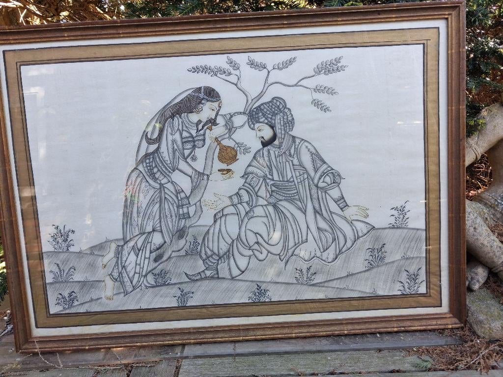 Zeer grote Antieke Tekening uit India Ged. Goudingekleurd, Ophalen of Verzenden