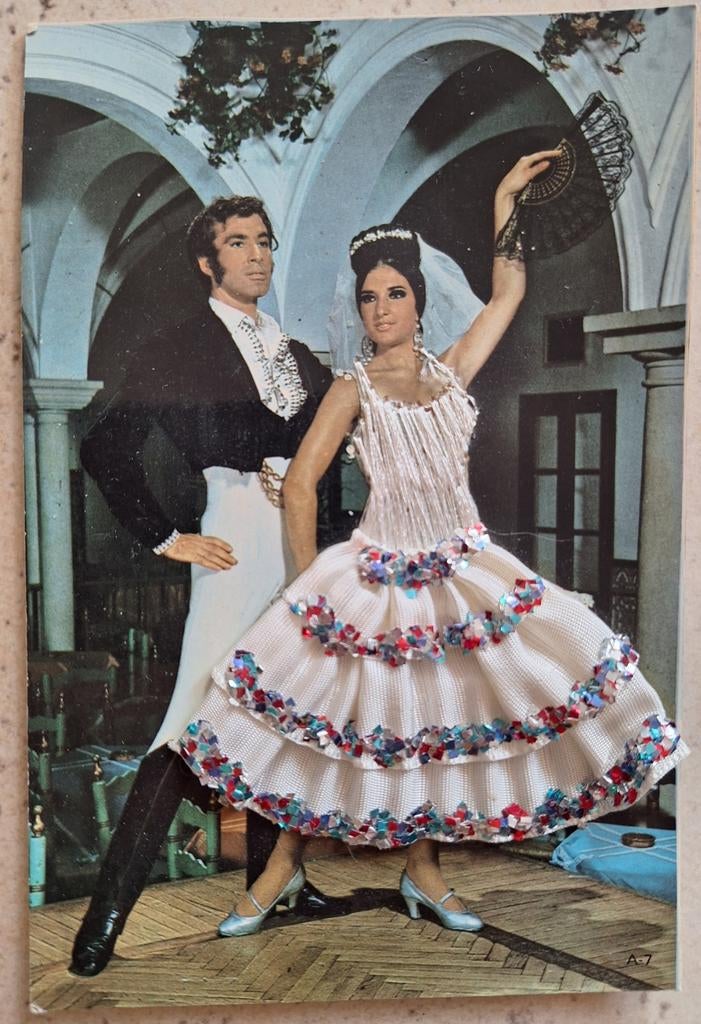 Vintage Spaanse dansers ansichtkaart met 3D-effect, Ophalen of Verzenden, 1960 tot 1980, Ongelopen, Spanje