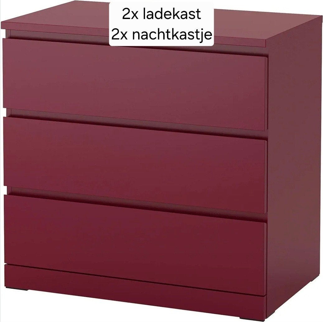 2x Malm ladekast en 2x Malm nachtkastje rood, Ophalen, 50 tot 100 cm, Zo goed als nieuw, 3 of 4 laden