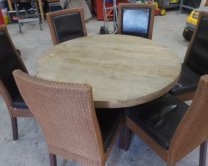 Ronde eettafel met 6 leren rieten eetkamerstoelen, Ophalen, Gebruikt, 4 tot 6 stoelen