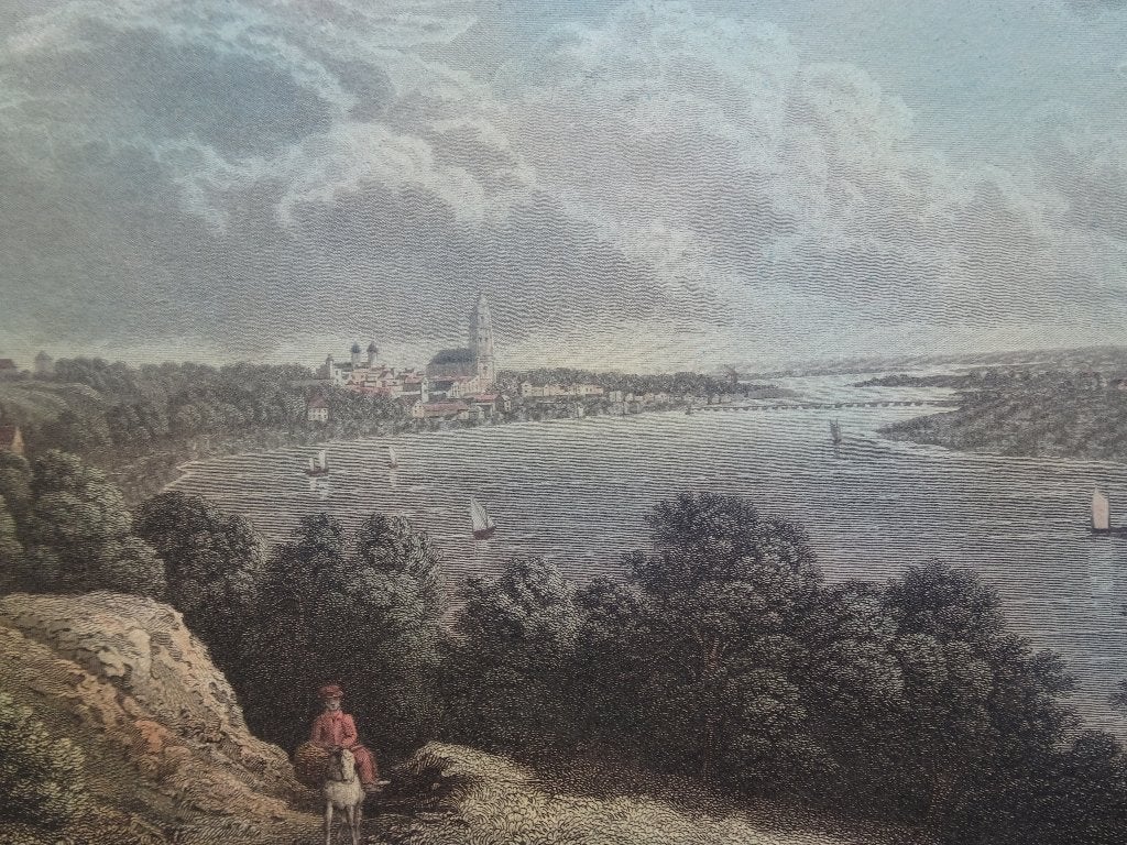 staalgravure zicht op kerk Arnhem man op ezel, Corbould 1825, Ophalen of Verzenden, Gravure, Origineel