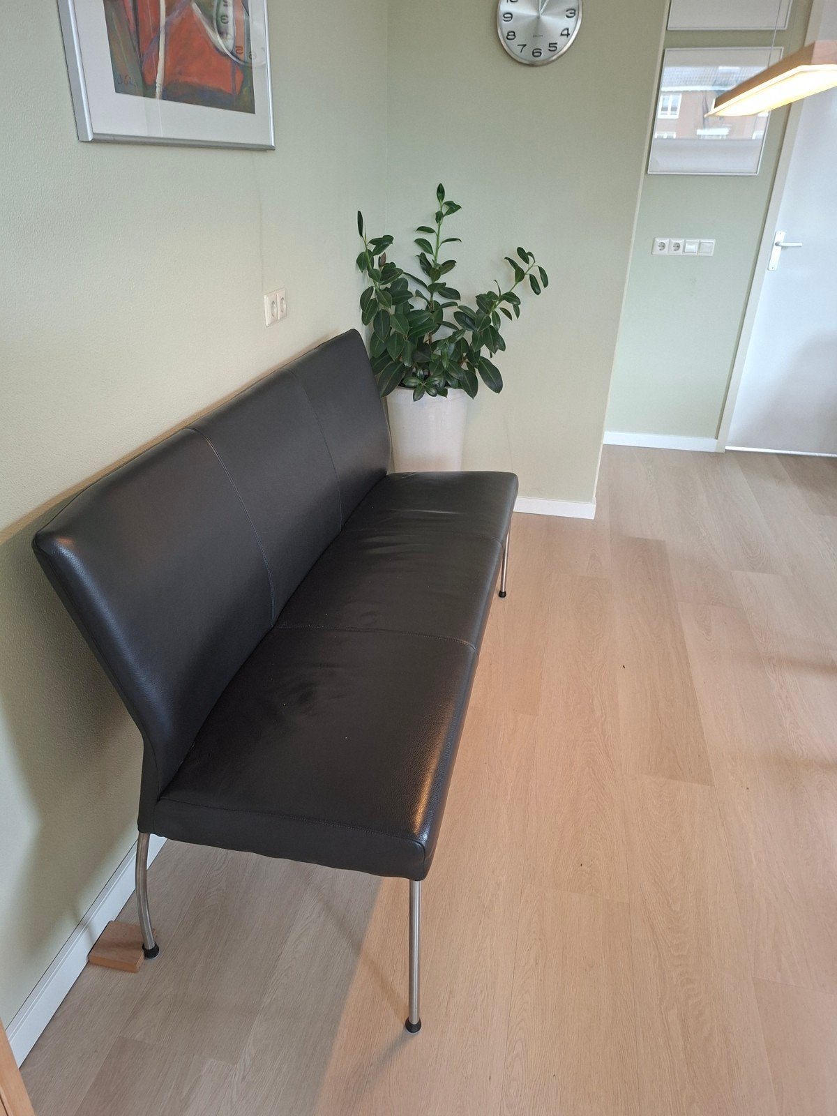 Zwarte leren eetkamerbank - 160cm breed, Ophalen, Gebruikt, Minder dan 75 cm, 150 tot 200 cm
