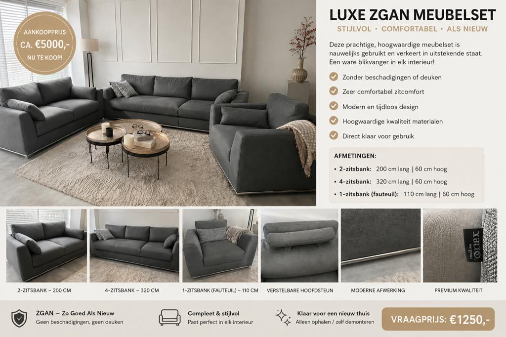 Luxe bankenset zgan incl kussens, Huis en Inrichting, Banken | Complete zithoeken, Ophalen, Zo goed als nieuw, Stof