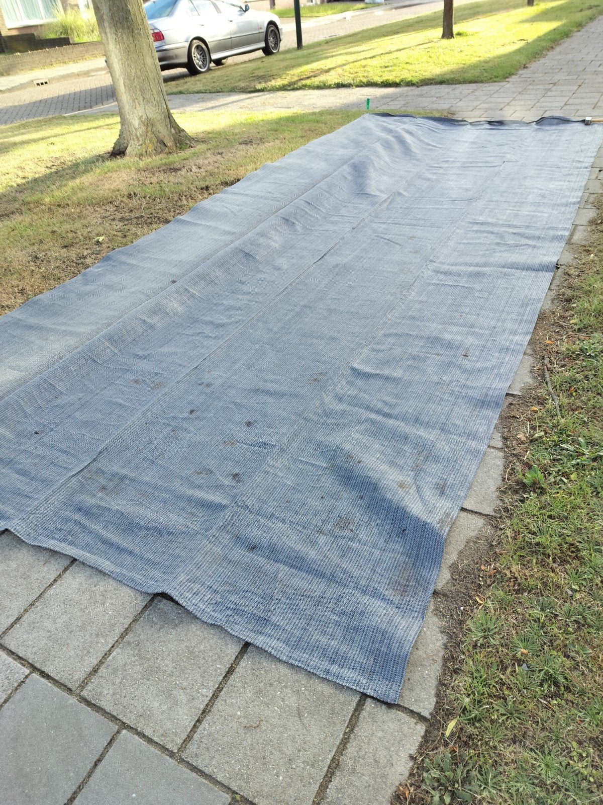 Donkerblauw voortent tapijt 580 X 250 cm, Caravans en Kamperen, Caravan accessoires, Ophalen, Gebruikt