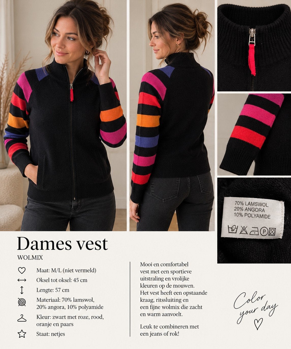 Dames vest zwart met kleurrijke mouwen – wolmix – maat M, Maat 38/40 (M), Uno due, Zwart, Ophalen of Verzenden