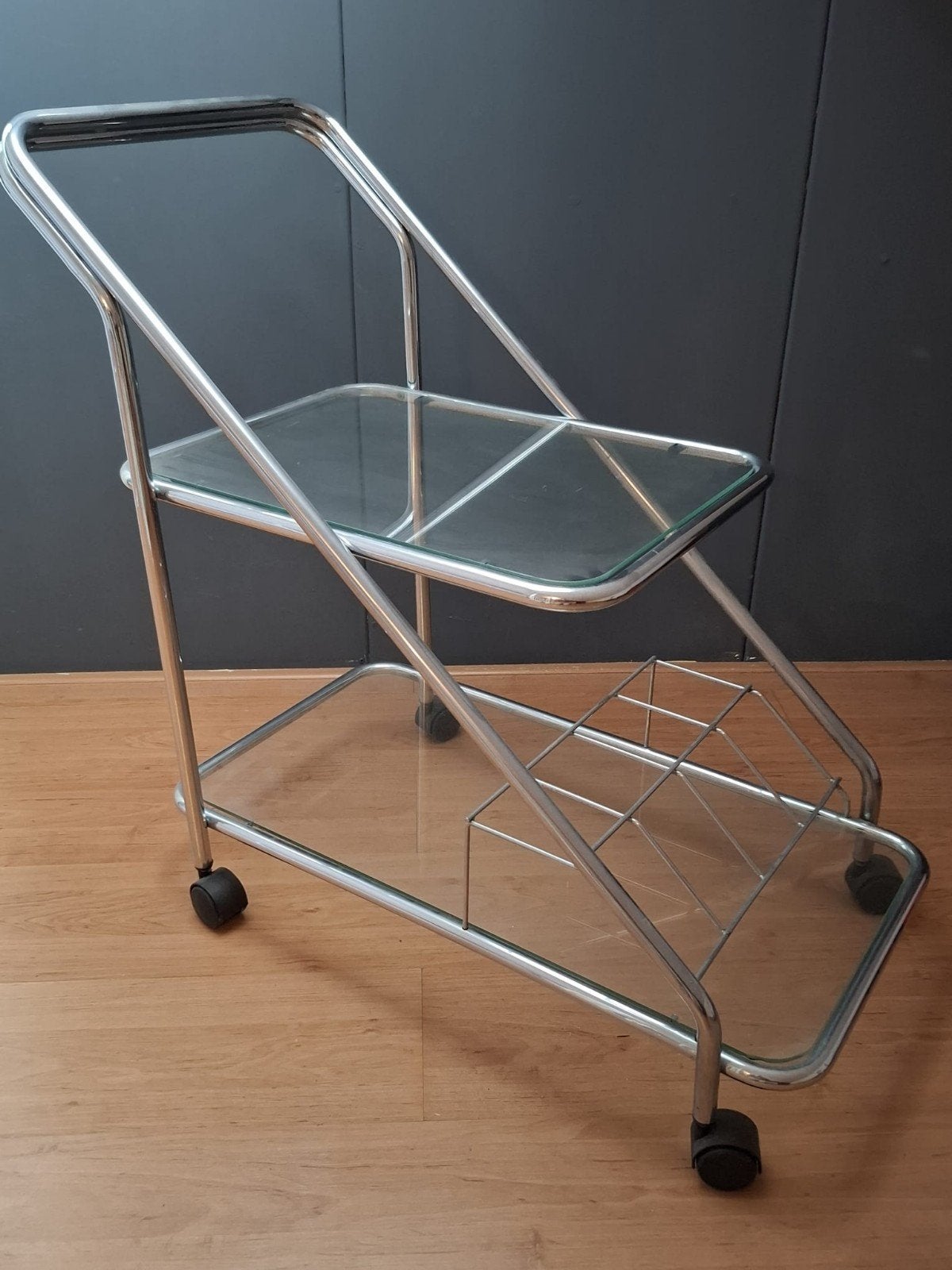 Vintage serveerwagen chroom en glas, Ophalen, Vintage, Gebruikt, Metaal