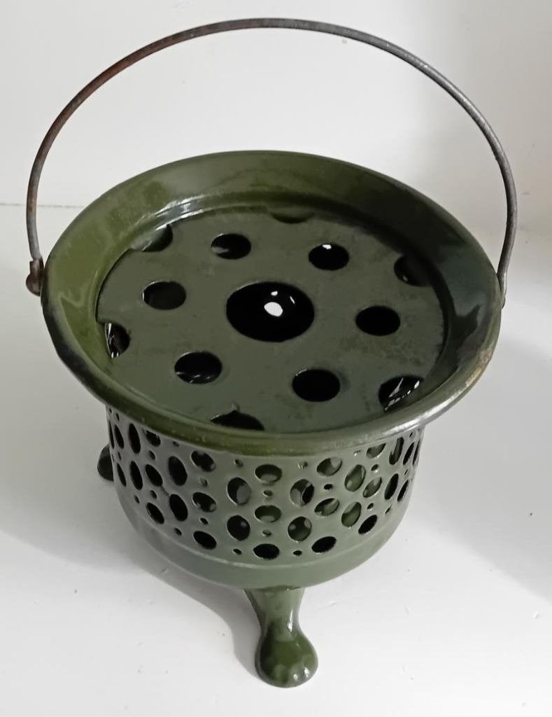 Geëmailleerd donker groen thee lichtje rond met binnenpotje, Antiek en Kunst, Ophalen of Verzenden