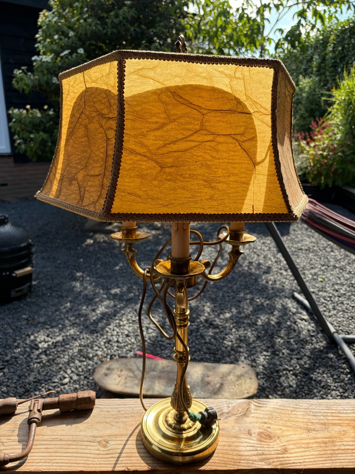 Vintage Messing Tafellamp met Stoffen Kap, Ophalen