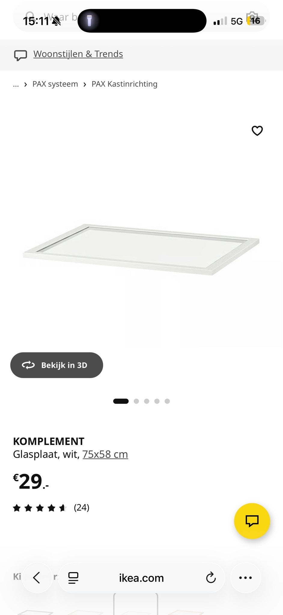 IKEA KOMPLEMENT Glasplaat wit 75x58 cm, Ophalen, Zo goed als nieuw
