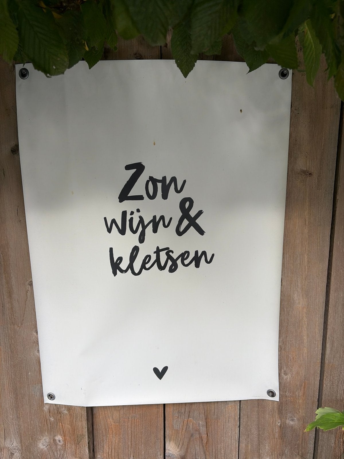Buitenposter 'Zon, Wijn & Kletsen' - Terras, Ophalen of Verzenden, Zo goed als nieuw, Kunststof, Wit