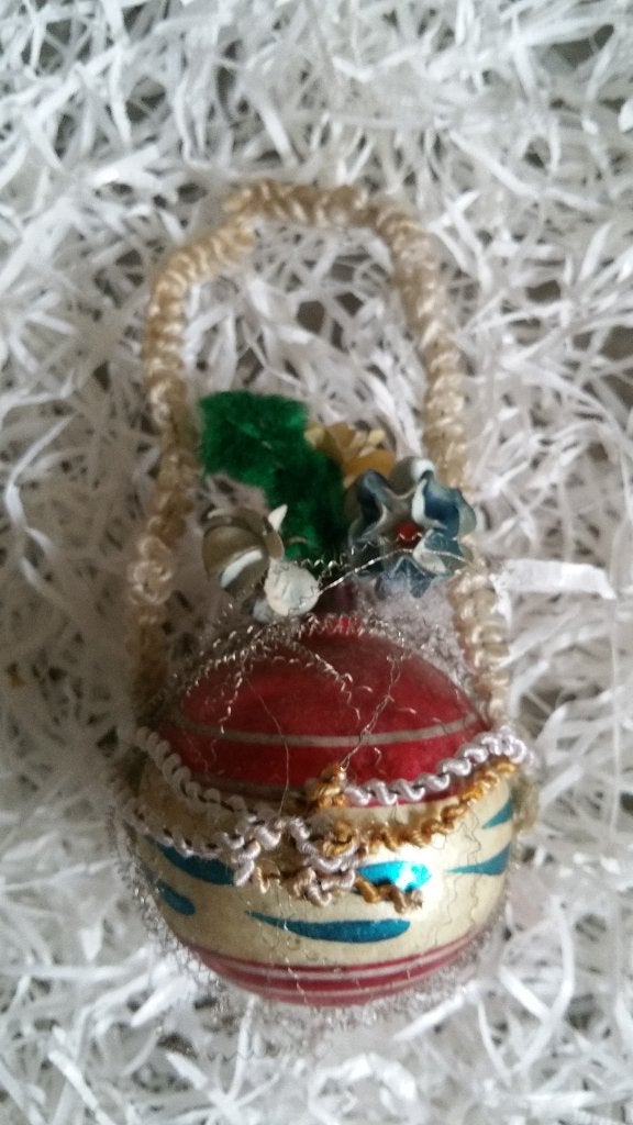 antieke kerstbal nr 233 model huisvlijt tinsel bloemen, Ophalen of Verzenden, Gebruikt