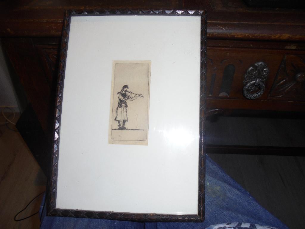 kleine ets fluitiste met potlood gesigneerd onderaan, Antiek en Kunst, Ophalen of Verzenden